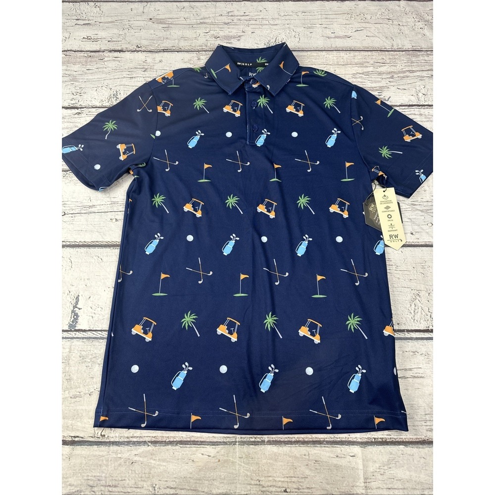 Rorie Whelan RW Golf Shirt Mens S Blue AOP Performance Polo Preppy Palm Tree NWT